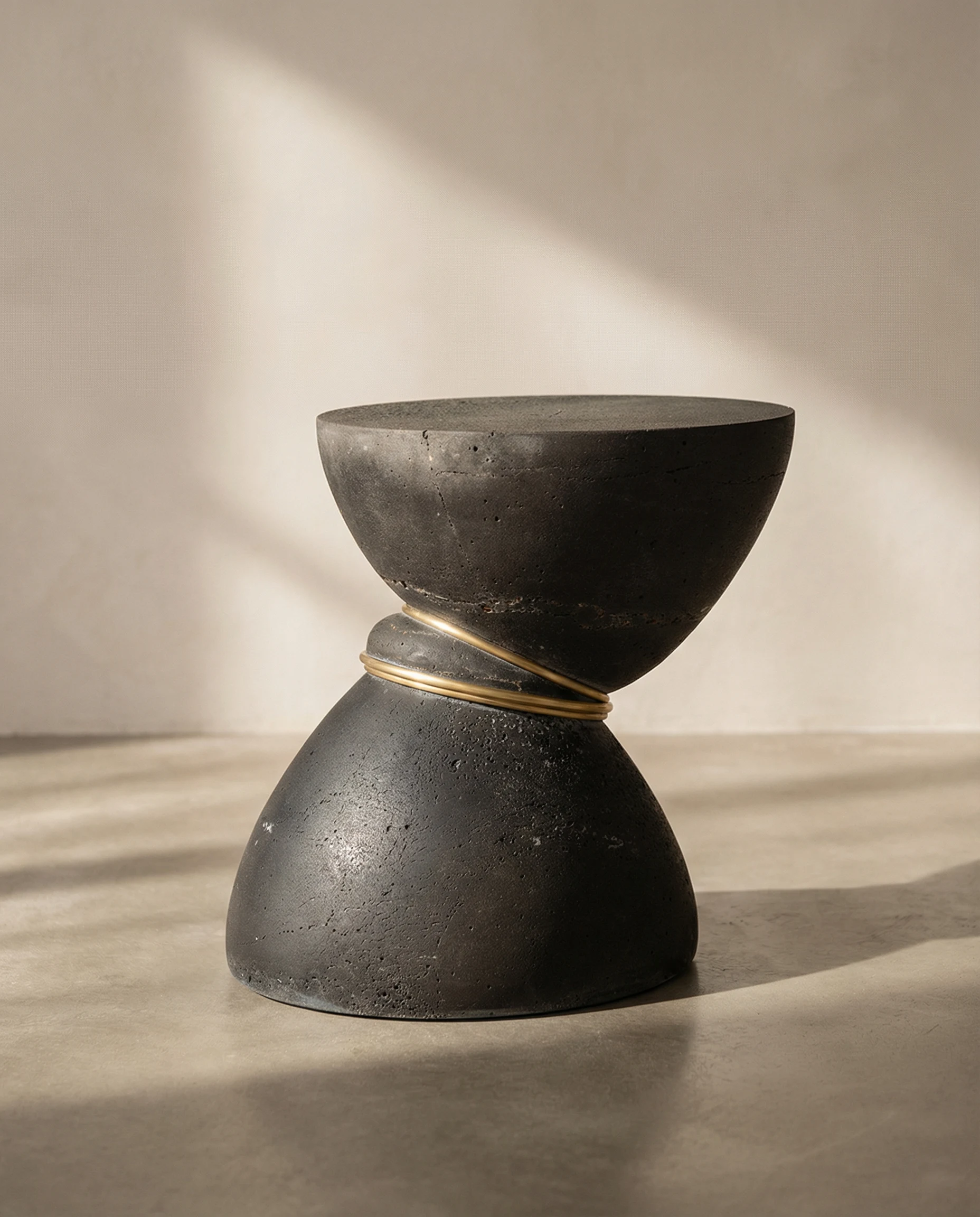 Gesto coffee table — monolithic dark stone with brass ring detail